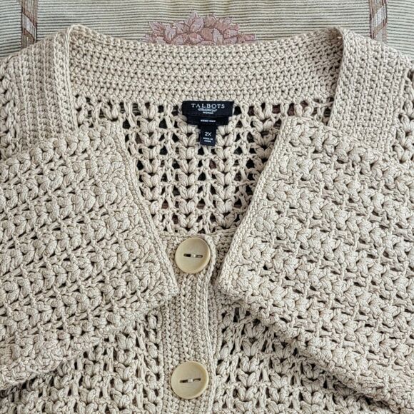 Talbots Cardigan Sweater Womens 2X Tan Hand Knit Mercerized Cotton 3-Button - Picture 11 of 13